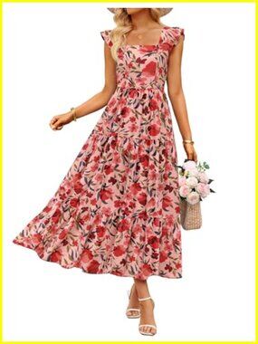 Womens Boho Floral Midi Dress Square Neck Ruffle Cap Sleeve Smocked Back